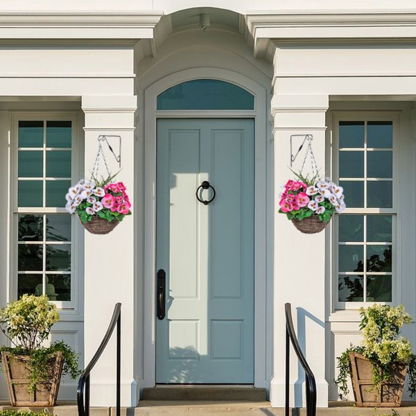Artificial Pink & White Pansy Round Rattan Hanging Basket (Set of 2) - GB1007