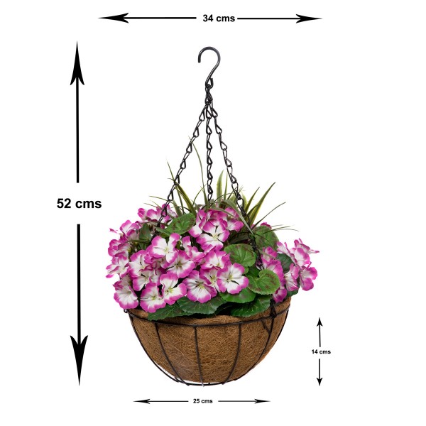 Artificial Purple Geranium Round Coir Hanging Basket (Set of 2)