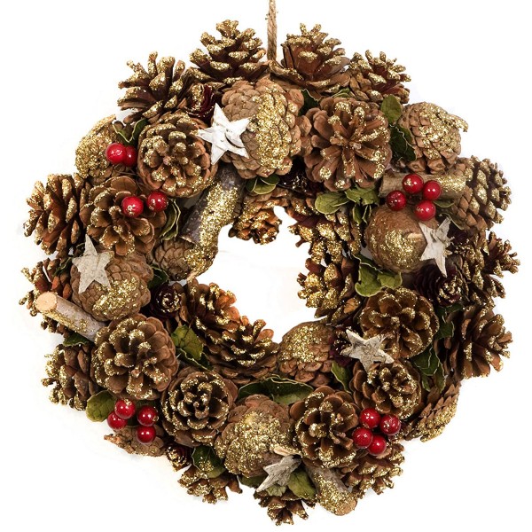 Christmas Hanging Wreath Festive Pine Cone Display Gold Frosting 30cm