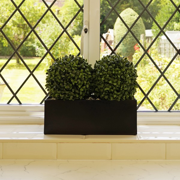 Artificial Topiary Double Ball Aglaia Boxwood in Black Straight Tin Window Box 35cm/14in - A1071-GB