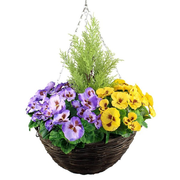 Artificial Purple & Yellow Pansy Round Rattan Hanging Basket 40cm/16in-Clearance