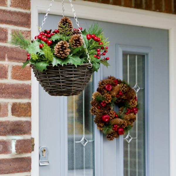 Artificial Christmas Rattan Hanging Basket with Pinecones & Berries and Holly & Conifer Greenery 
