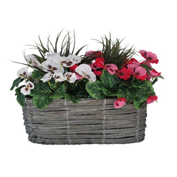 Artificial Grey Rattan 40cm Window Box with Pink & White Pansies and Decorative Grasses - G1327