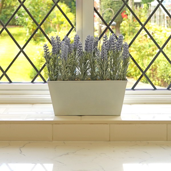 Artificial Lavender Tin White Planter Window Box 30cm/12in - GB1027