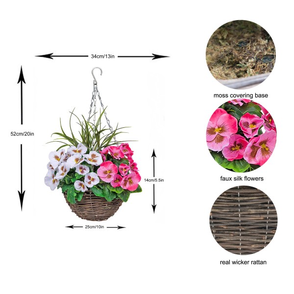 Artificial Pink & White Pansy Round Rattan Hanging Basket (Set of 2) - GB1007