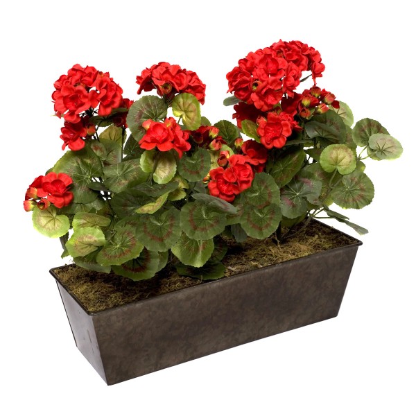  Artificial Red Geraniums in Rustic Tin Window Box 45cm/18in