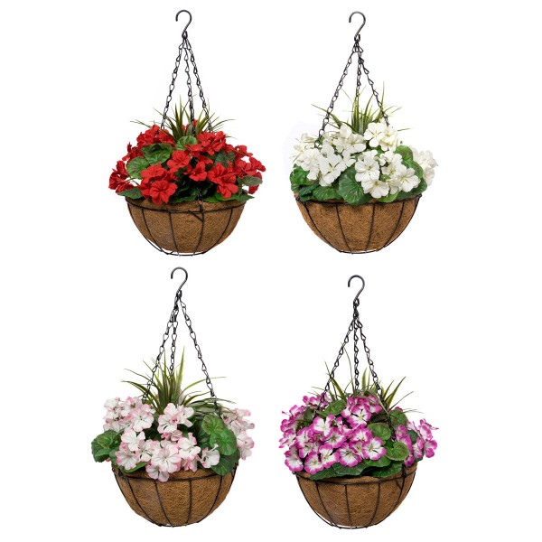 Artificial White Geranium Round Coir Hanging Basket (Set of 2) 