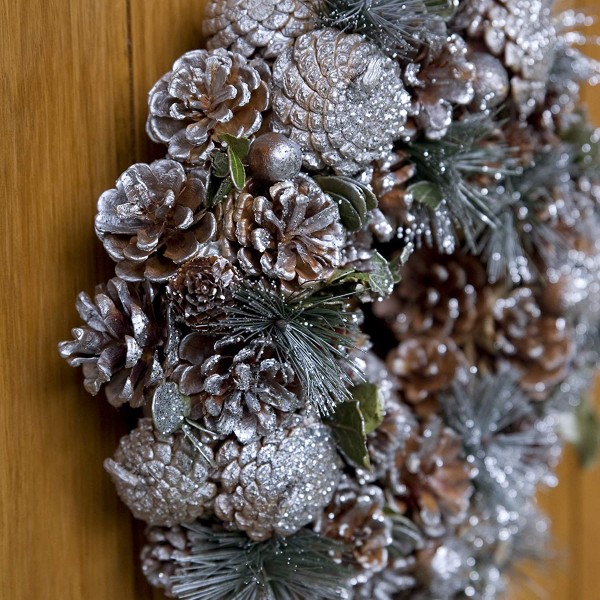 Christmas Hanging Wreath Festive Silver Display with Pine Cones 30cm 