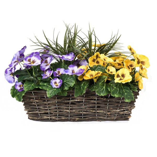 Artificial Purple & Yellow Pansy Rattan Window Box 58cm/23in