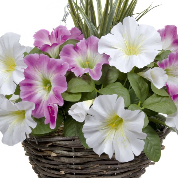 Artificial Pink & White Round Rattan Petunia Hanging Baskets  (Set of 2) - A1184