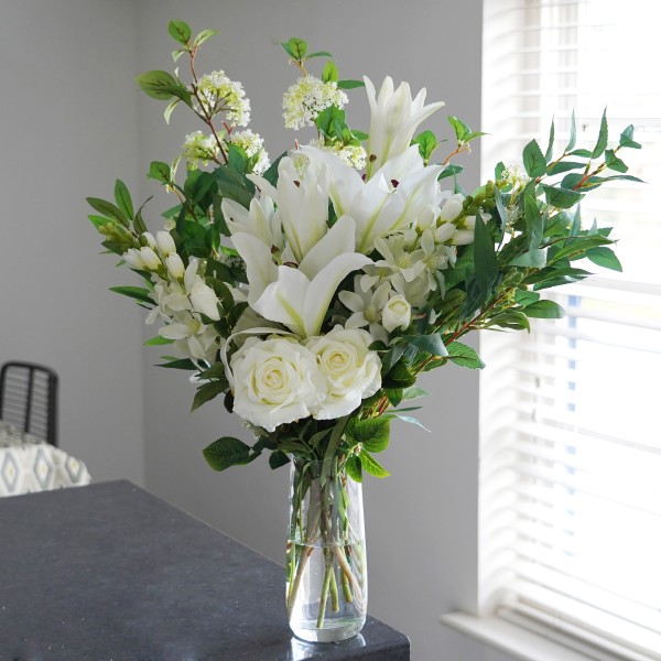 Artificial White Flower Bouquet with Lilies, Roses, Delphiniums, Elderflower & Greenery