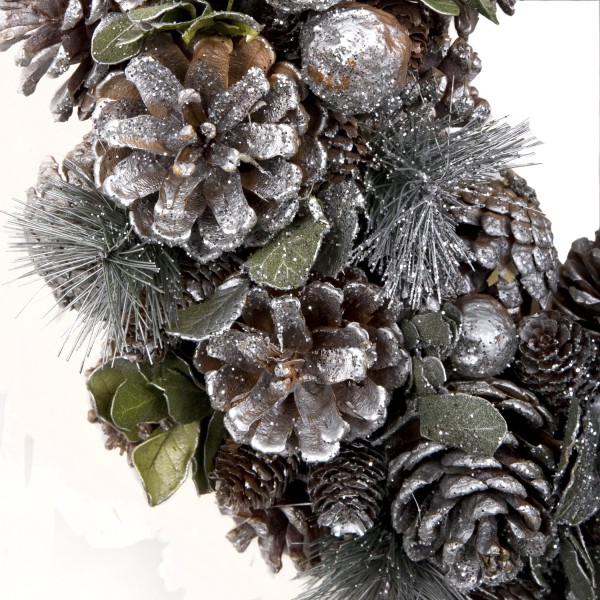 GreenBrokers Christmas Wreath 38cm Silver Pine Cones Fir Sprigs & Baubles D1231