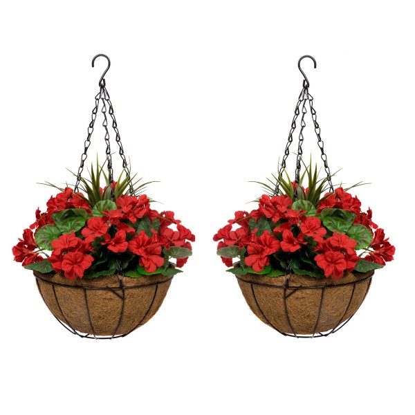 Artificial Red Geranium Round Coir Hanging Basket (Set of 2) - GB1186