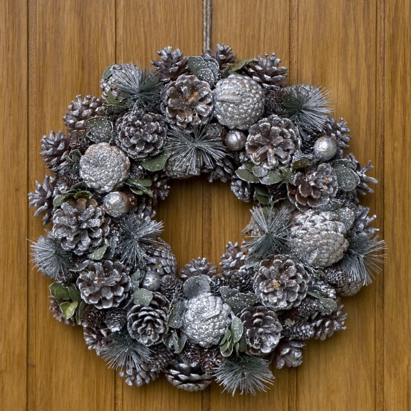 GreenBrokers Christmas Wreath 38cm Silver Pine Cones Fir Sprigs & Baubles D1231