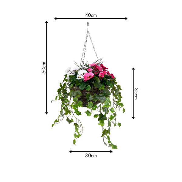 Artificial Pink and White Pansy Hanging Basket with Ivy (30cm) - GB1454