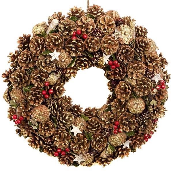 Christmas Hanging Wreath Festive Pine Cone Display Gold Frosting 48cm