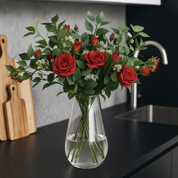 Artificial Red Flower Bouquet with Roses, Elderflower, Berries & Greenery - A1207