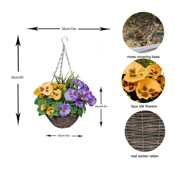 Artificial Purple & Yellow Pansy Round Rattan Hanging Basket (Set of 2) - GB1010