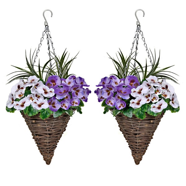 Artificial Purple & White Pansy Cone Shaped Rattan Hanging Basket (Set of 2) - GB1011