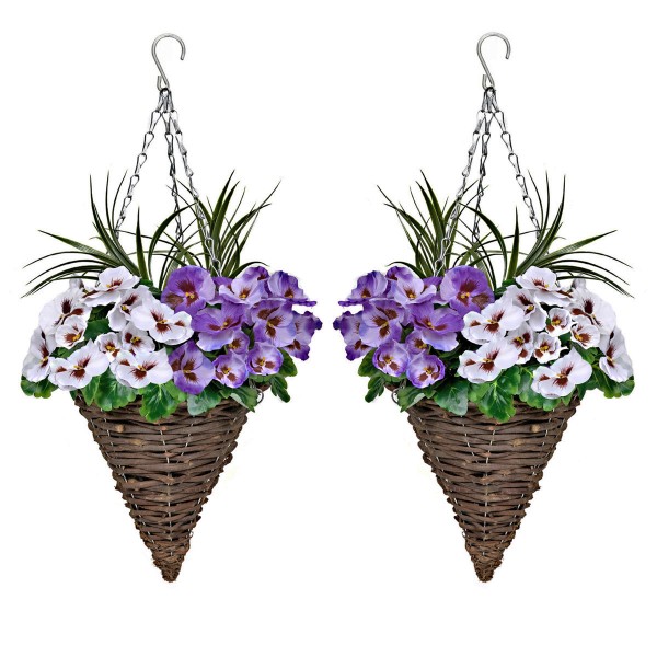 Artificial Purple & White Pansy Cone Shaped Rattan Hanging Basket (Set of 2) 