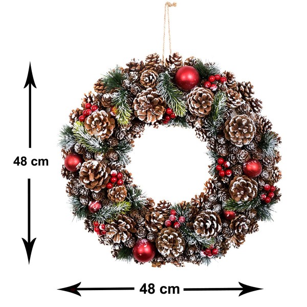 Christmas Hanging Wreath Festive Pine Cone Display White Frosting 48cm