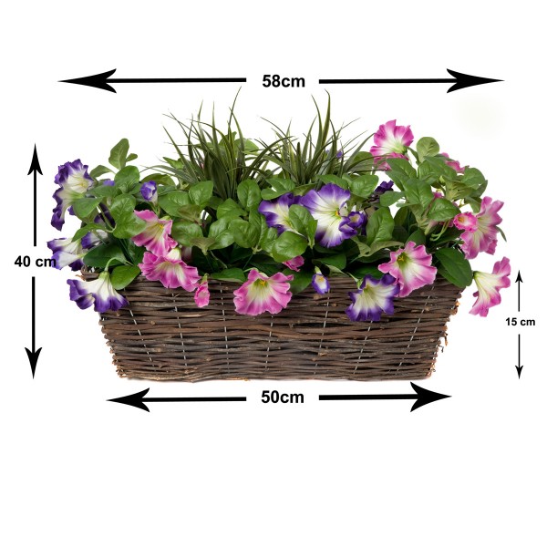 Artificial Pink & Purple Petunia Rattan Window Box 58cm/23in - GB1194