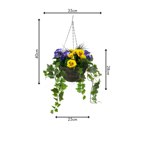 Artificial Purple & Yellow Pansy Hanging Basket with Ivy Vine (25cm) - A1451-GB