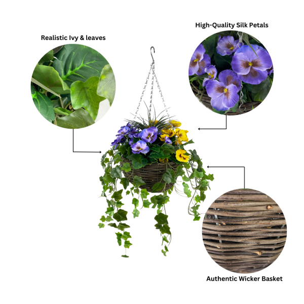 Artificial Purple and Yellow Hanging Basket with Ivy (30cm) - GB1453