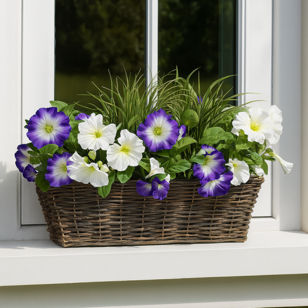 Artificial Purple & White Petunia Rattan Window Box 58cm/23in - GB1197