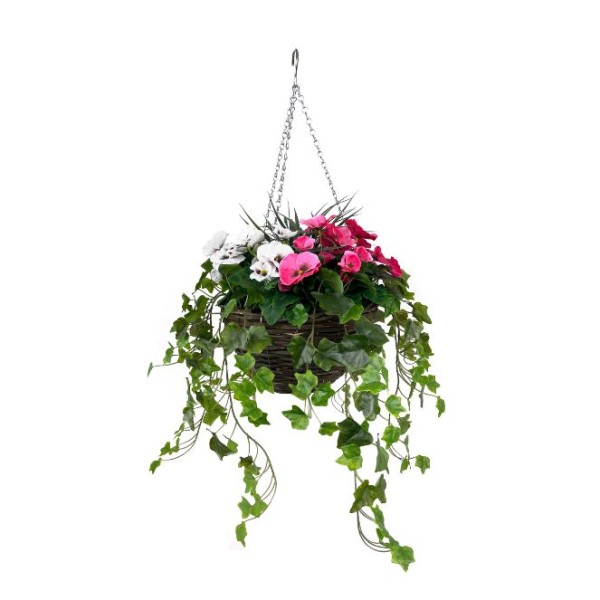Artificial Pink and White Pansy Hanging Basket with Ivy (30cm) - GB1454