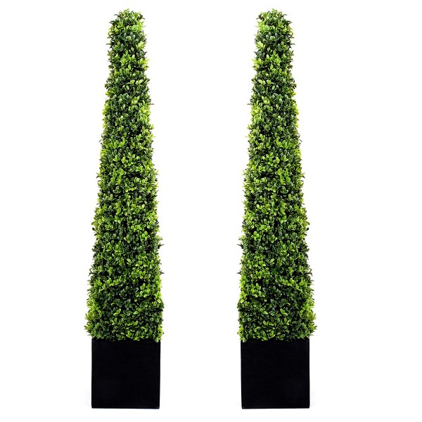 Artificial Premium Quality Boxwood Topiary Metal Framed Pyramid Trees - Black Square Planter 120cm/4ft (Set of 2) -GB1181 