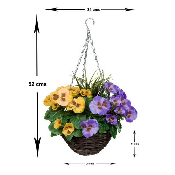 Artificial Purple & Yellow Pansy Round Rattan Hanging Basket (Set of 2)