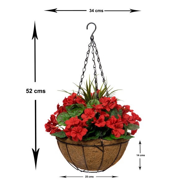 Artificial Red Geranium Round Coir Hanging Basket (Set of 2)