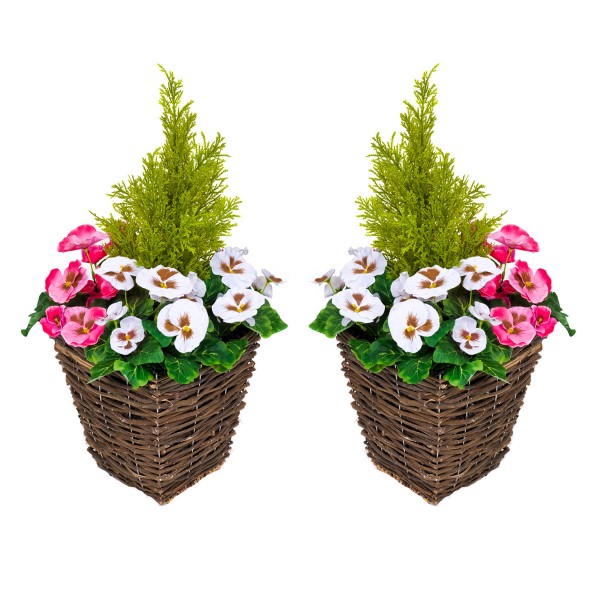 Artificial Pink & White Pansy Rattan Patio Planter 60cm/24in (Set of 2)