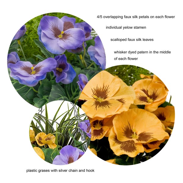 Artificial Purple & Yellow Pansy Cone Shaped Rattan Hanging Basket (Set of 2) - GB1009