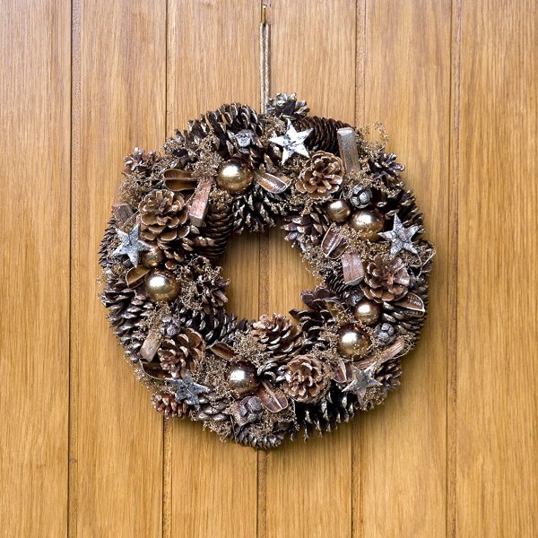 Christmas Hanging Wreath Festive Rose Gold Display with Pine Cones 36cm 