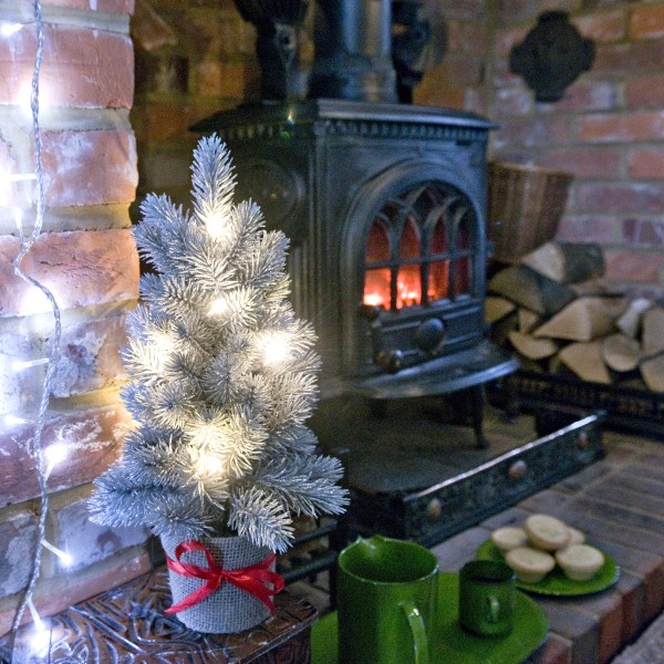 Artificial Mini Silver Christmas Tree with LED Lights in Pot 43cm/17in