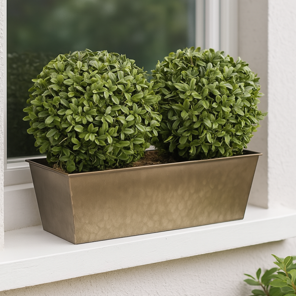 Artificial Topiary Double Ball Aglaia Boxwood in Rustic Slanted Tin Window Box 35cm/14in - GB1029