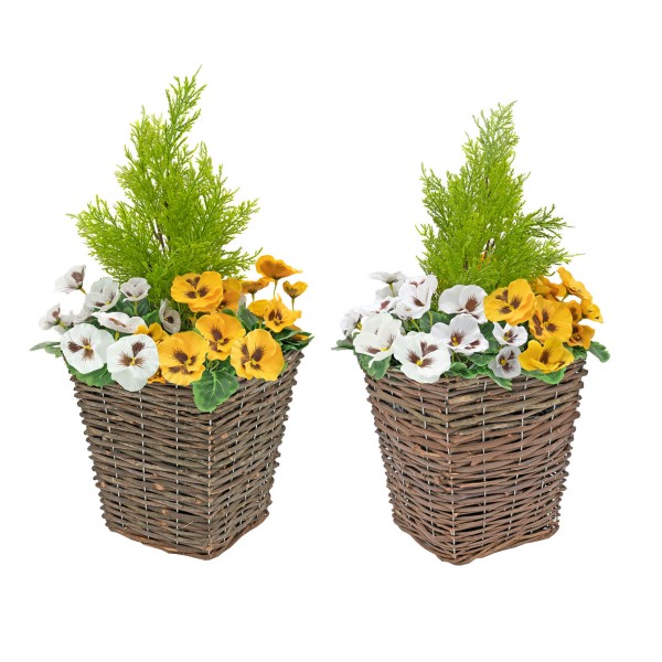 Artificial Yellow & White Pansy Rattan Patio Planters 60cm/24in (Set of 2) - GB1062