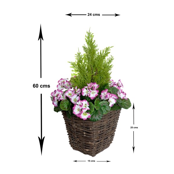 Artificial Purple Geranium Rattan Patio Planters (Set of 2) 60cm/24in - GB1258