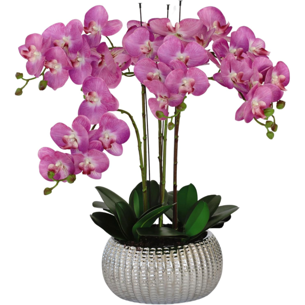 Elegant Large Six Stem Butterfly Purple Real Touch Artificial Potted Orchid (65cm) in Decorative Silver Ceramic Pot A1319