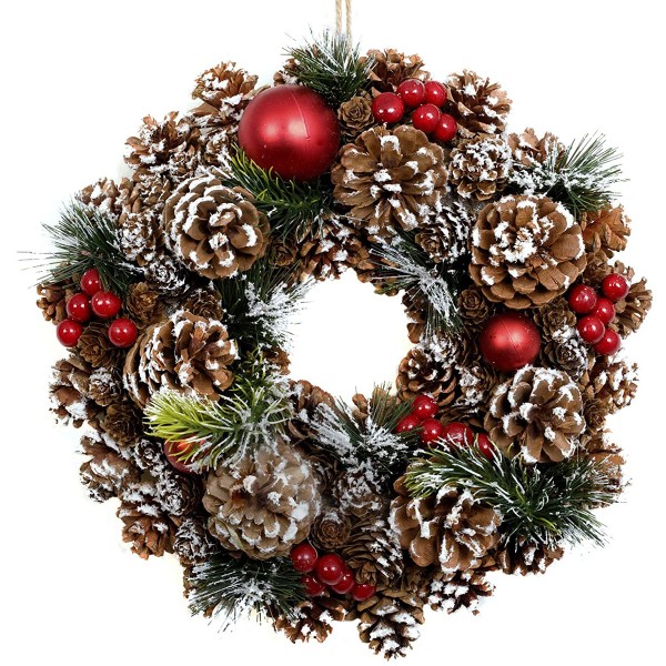 GreenBrokers Christmas Hanging Wreath 32cm Pine Cones with White Frosting D1221