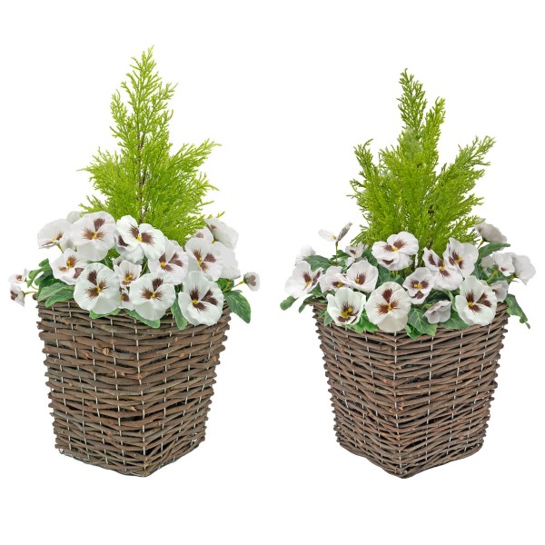 Artificial White Pansy Conifer Rattan Patio Planter  60cm/24in (Set of 2) - GB1014