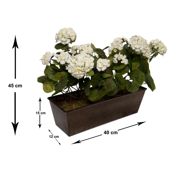  Artificial White Geraniums in Rustic Tin Window Box 45cm/18in