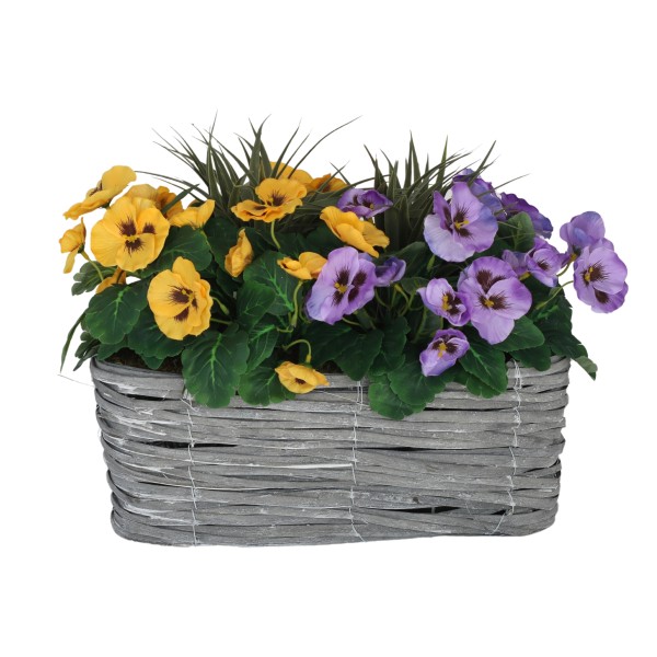 Artificial Grey Rattan 40cm Window Box with Purple & Yellow Pansies and Decorative Grasses - G1320