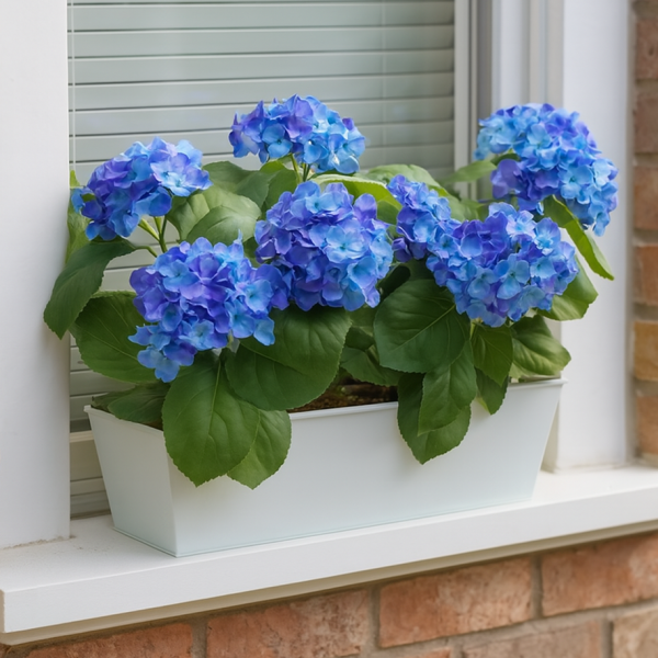 Artificial Blue Hydrangea in White Metal Window Box - GB1386