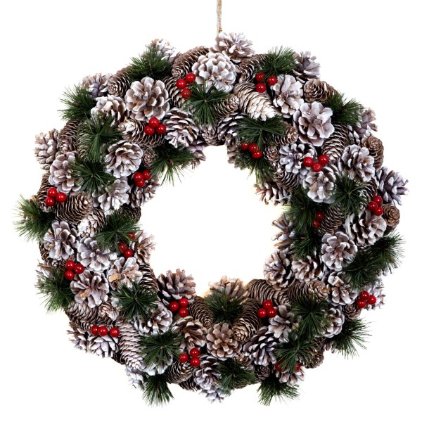 GreenBrokers Christmas Hanging Wreath 48cm Pine Cones Berries Subtle Frosting D1229