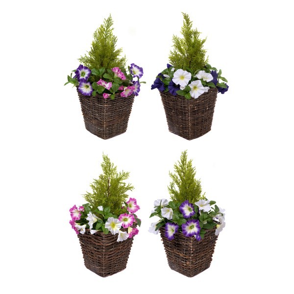 Artificial Pink & White Petunia Rattan Patio Planters 60cm/24in (Set of 2) - GB1192