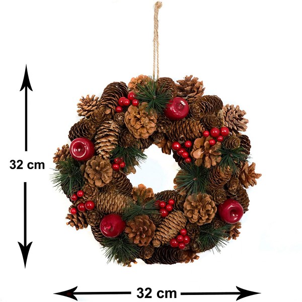 Christmas Hanging Wreath Festive Pine Cone Display Red Berries 32cm 