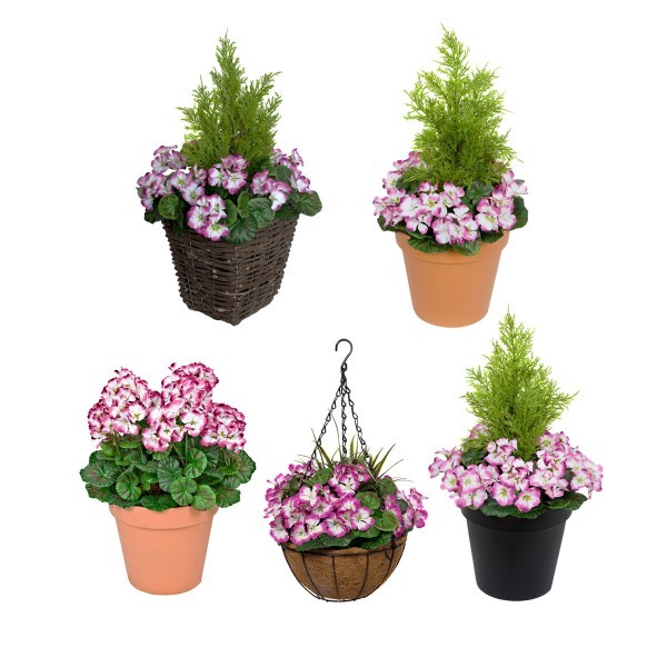 Artificial Purple Geranium Rattan Patio Planters (Set of 2) 60cm/24in - GB1258